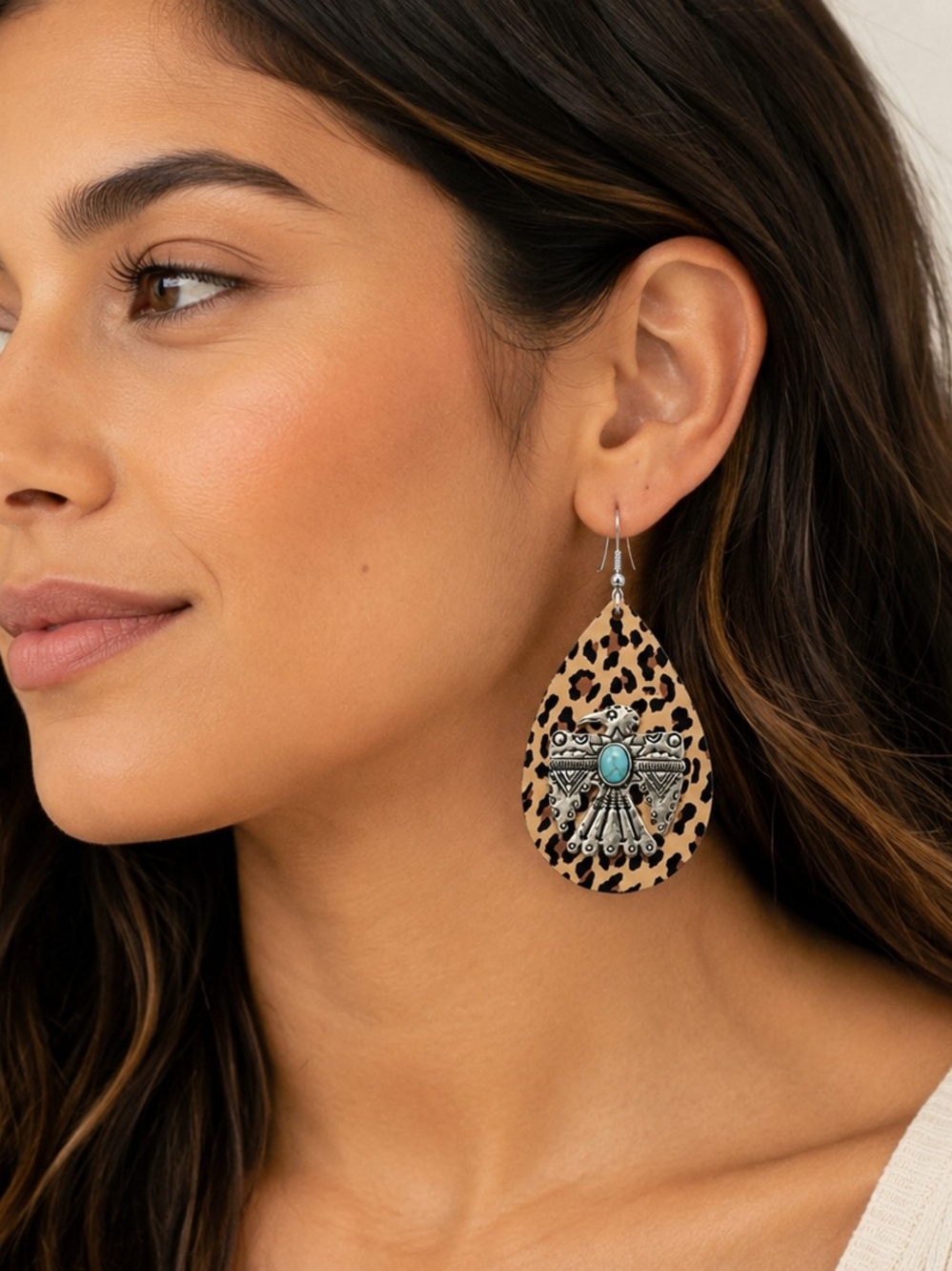 Leopard Teardrop Thunderbird Earrings with Turquoise Accent - Women Jewelry NWT - Picture 2 of 6